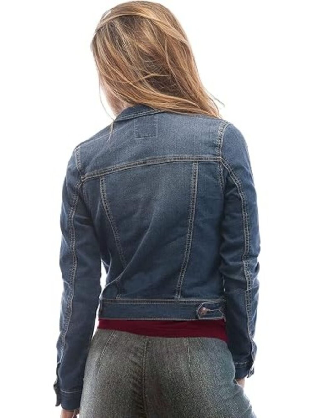 Almost Famous Cropped Denim Jacket Size Medium Button Front Long Sleeve Blue - Picture 2 of 12